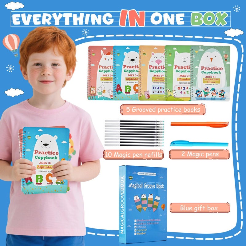 QMUBOT Magic Grooved Writing Books for Kids-Handwriting Practice for Kids 5-8 - Tracing Books for Kids Ages 3-5 - Preschool, Kindergarten Learning-Letters, Numbers, Math, Drawing (Blue Box, 9.45 in x 6.5 in) - Image 2